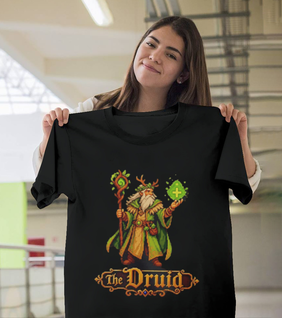 The Druid 16 Bit Game Cartoon Pixel Art Mage With Staff And Potion T-Shirt