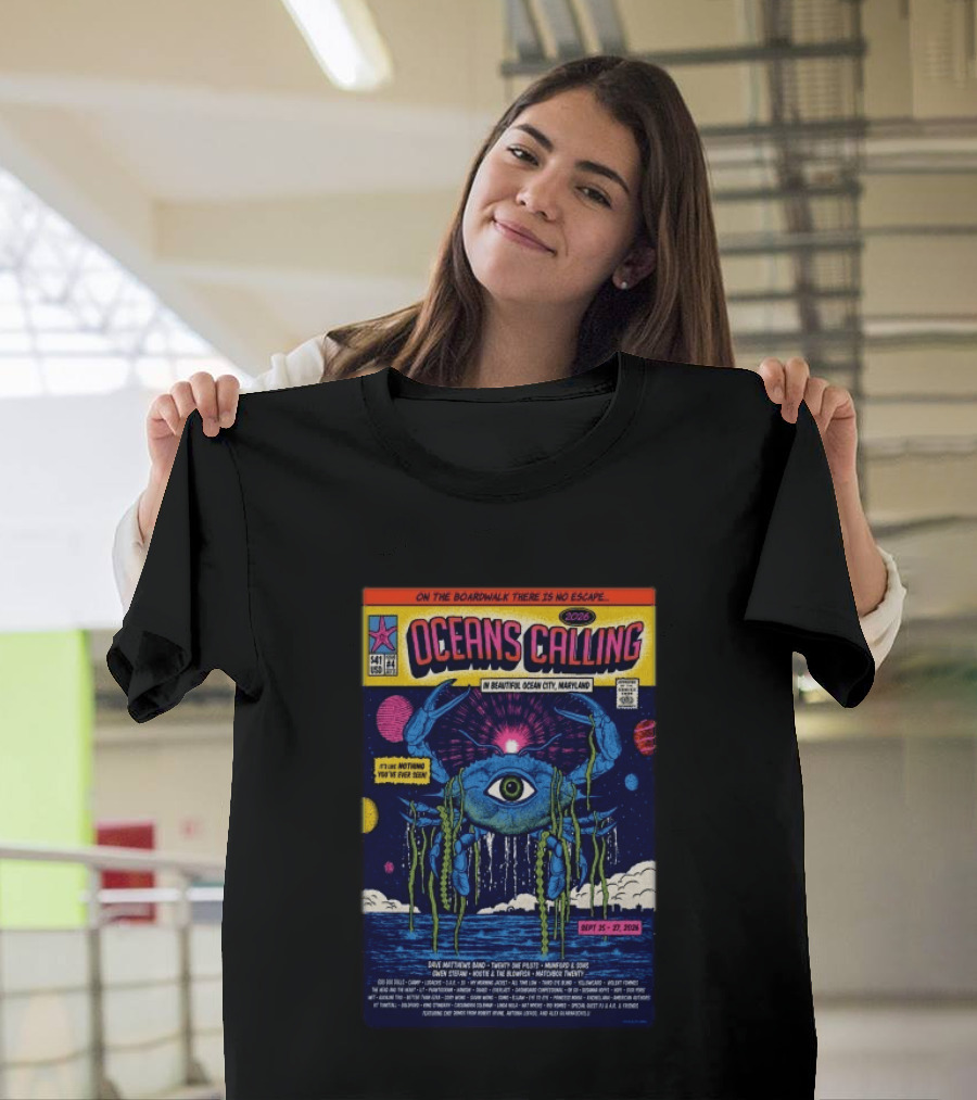 Oceans Calling Festival 2026 Ocean City Maryland Lineup Dave Matthews Band The Lumineers Alanis Morissette 9 25 27 Crab Eye Comic T-Shirt