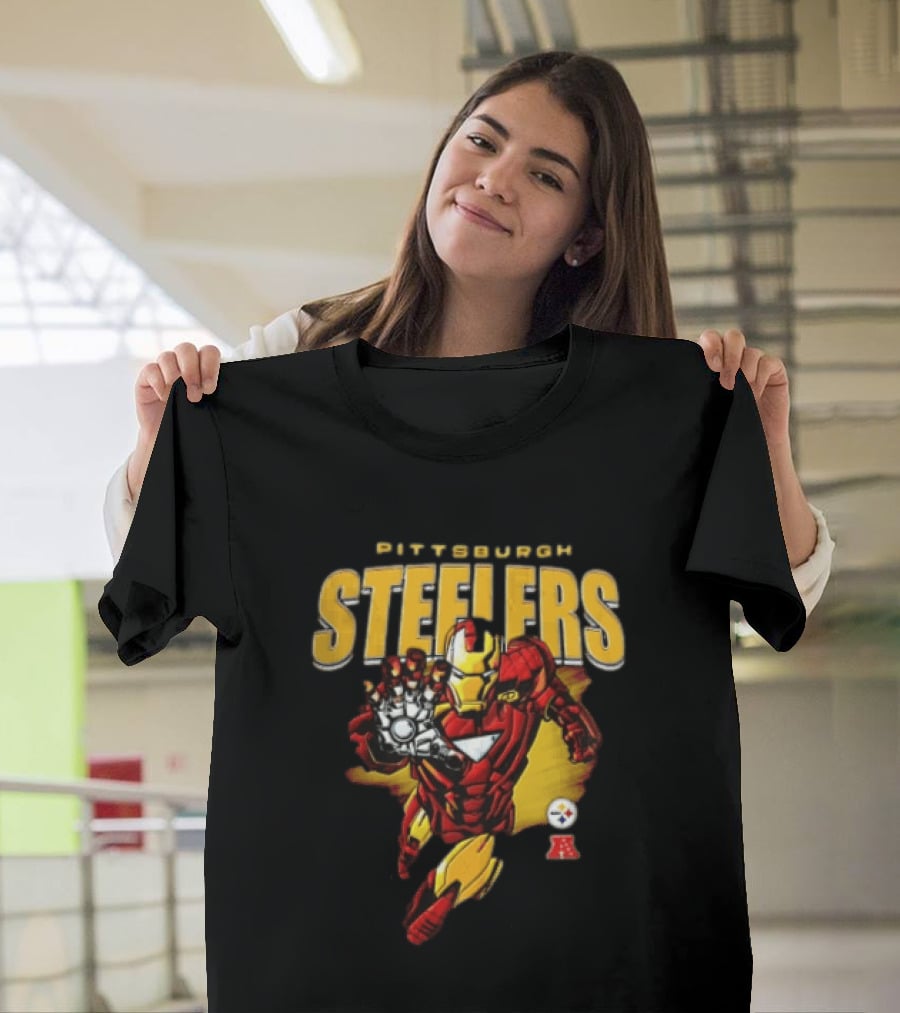 Pittsburgh Steelers Iron Man Flying Forward Graphic Suit Officially Licensed NFL Marvel Collaboration T-Shirt