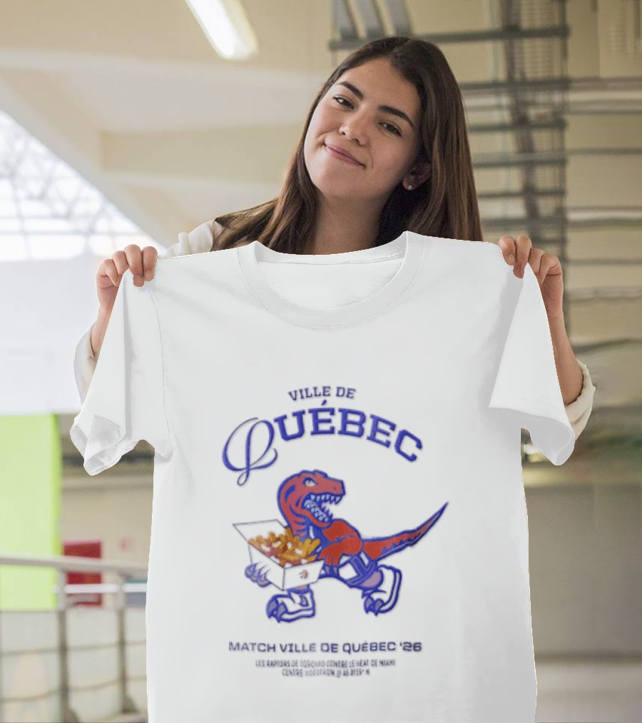 Bienvenue Au Québec Raptors Dinosaur Holding Poutine Box T-Shirt