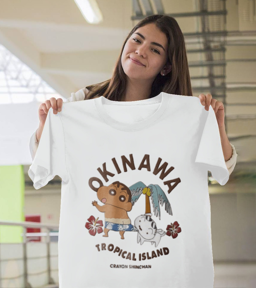 Okinawa Tropical Island Crayon Shin Chan Shinnosuke Nohara Shiro Palm Tree Hibiscus T-Shirt