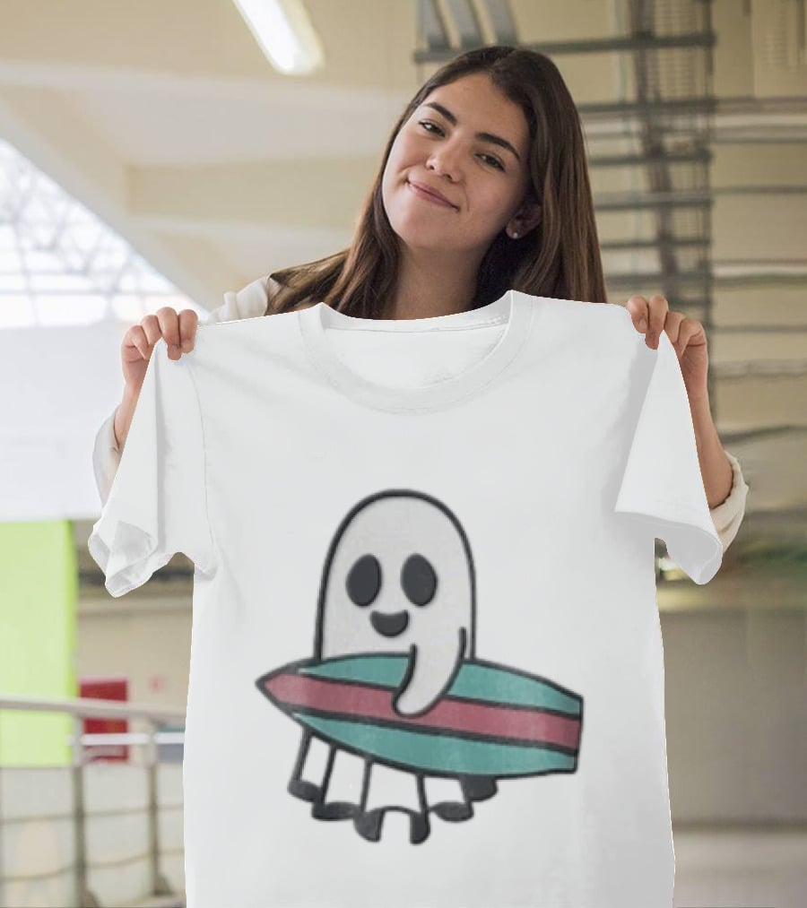 Ghost Holding Surfboard Cartoon Fun Cute Spooky Beach Vibes T-Shirt