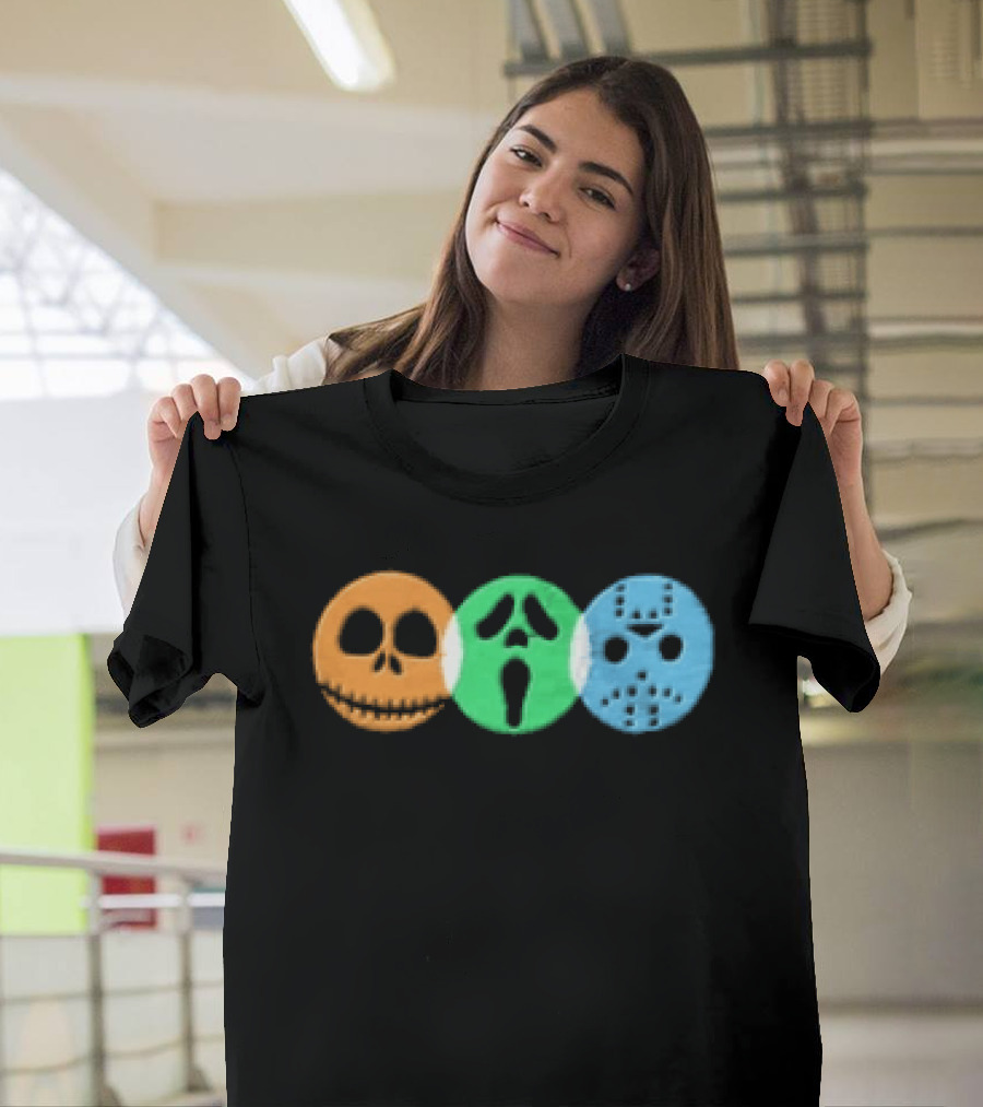 Halloween Horror Characters Colorful Circles Skulls And Masks T-Shirt