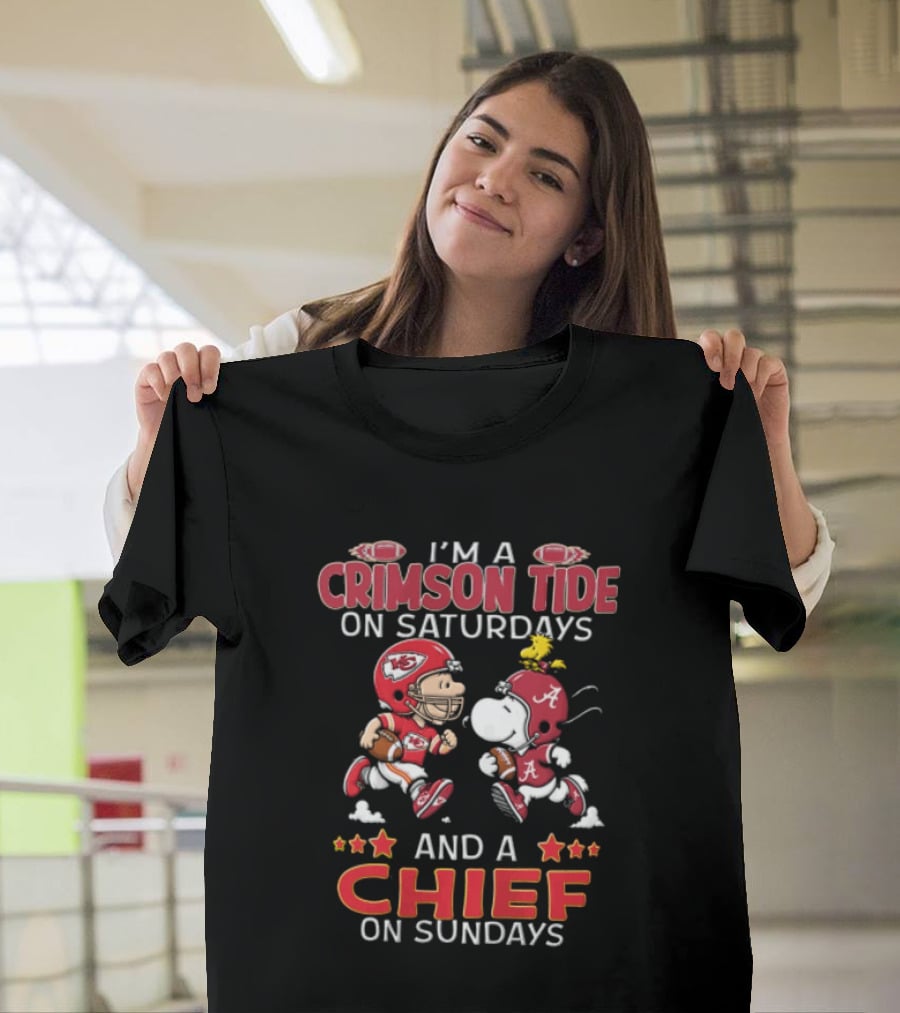 I'm A Crimson Tide On Saturdays And A Chief On Sundays Football Peanuts Characters T-Shirt