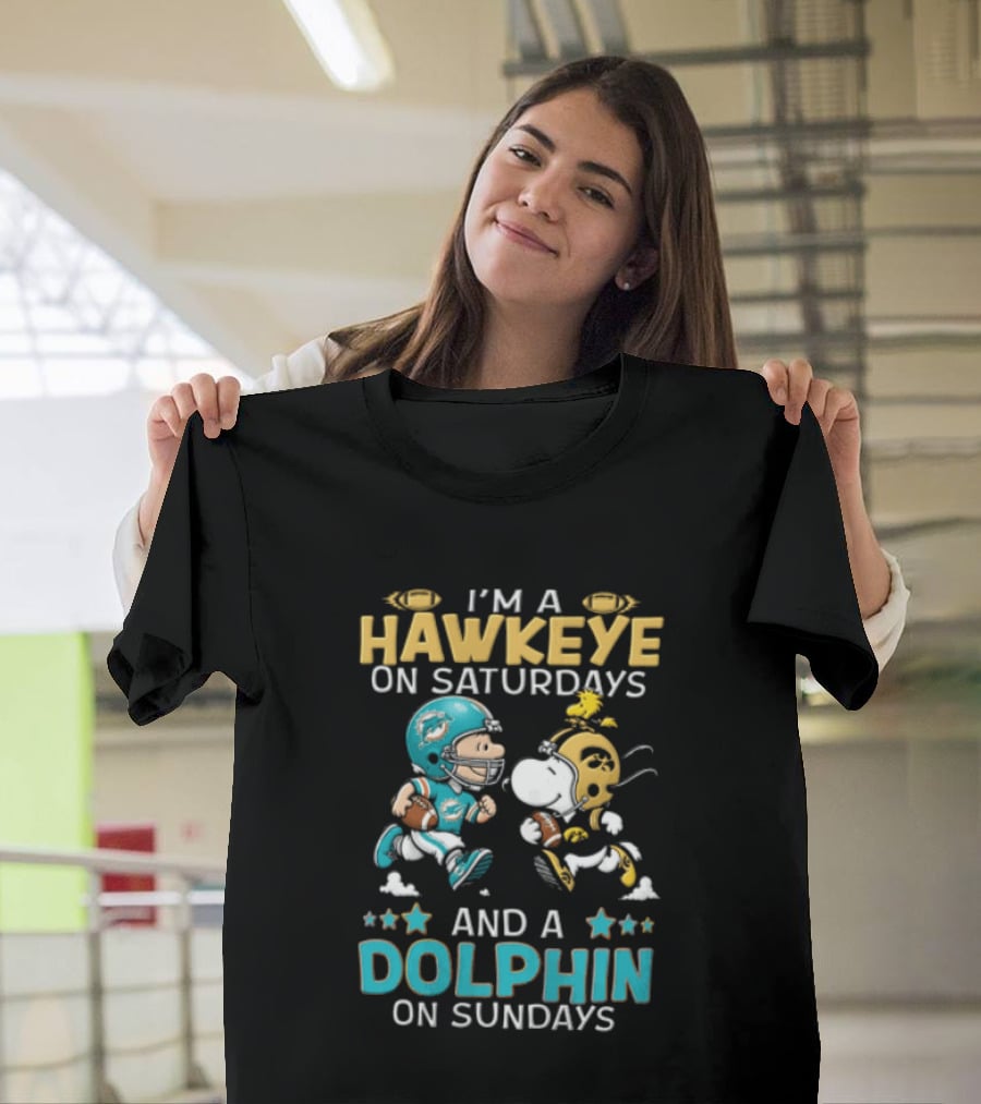 Hawkeye On Saturdays Dolphin On Sundays Charlie Brown Snoopy Woodstock Football T-Shirt