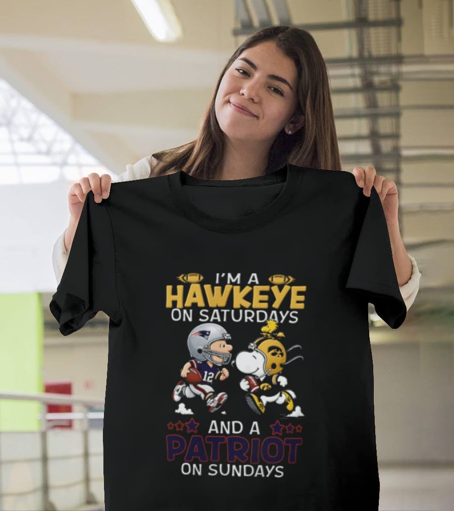 Hawkeye Saturdays Patriot Sundays Charlie Brown Snoopy Woodstock Football T-Shirt