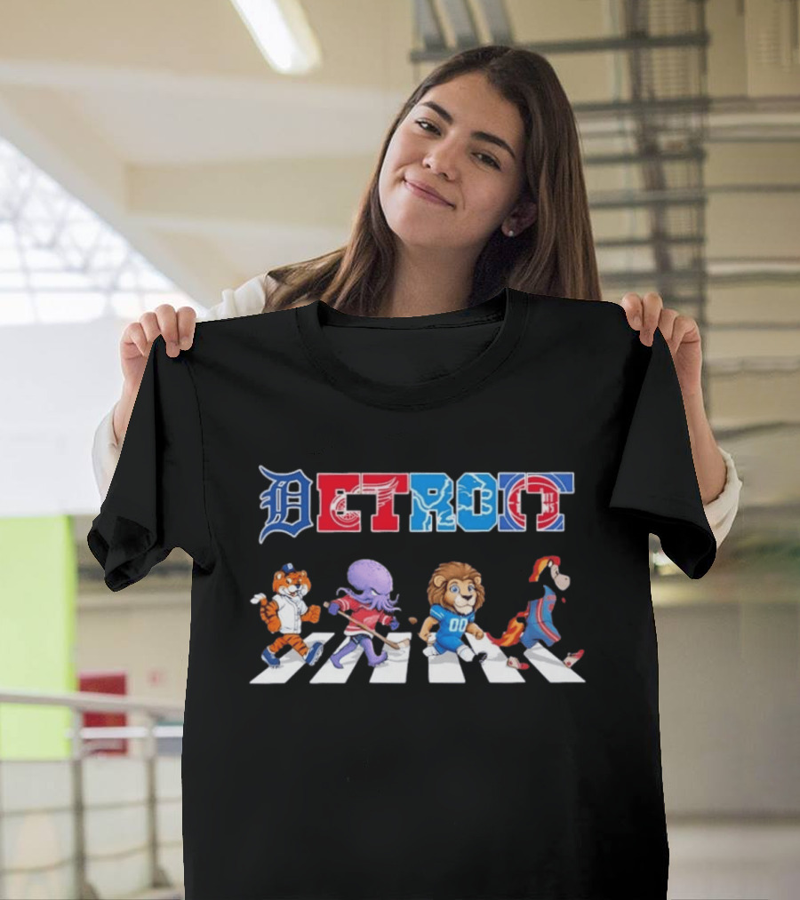 Detroit Sports Mascots Abbey Road Tigers Red Wings Lions Pistons T-Shirt