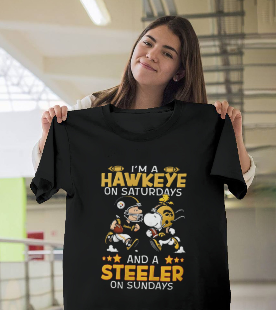 I'm A Hawkeye On Saturdays And A Steeler On Sundays Charlie Brown Snoopy Woodstock Football T-Shirt