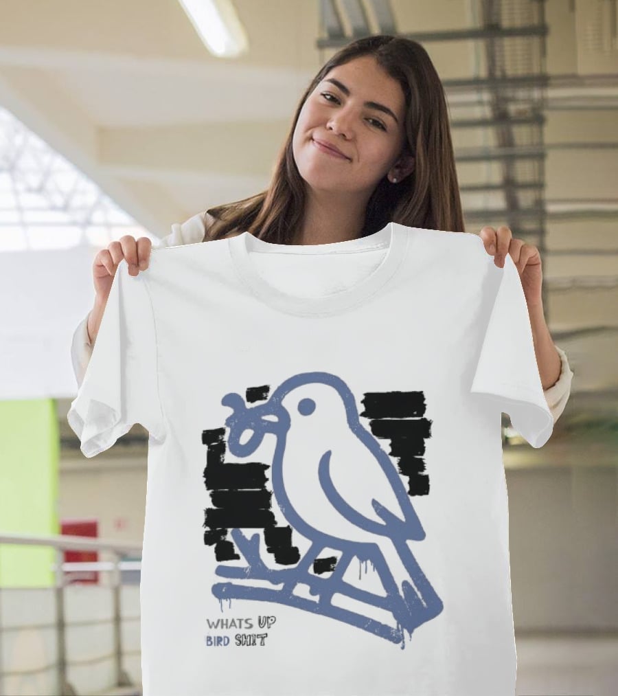 Drewtube What Up Bird Shit Funny Sparrow Holding Curling Shovel T-Shirt