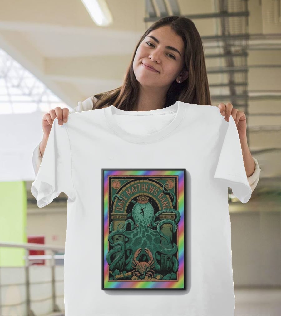 Dave Matthews Band Sept 25 2026 Ocean City MD Octopus And Crab Rainbow Border T-Shirt