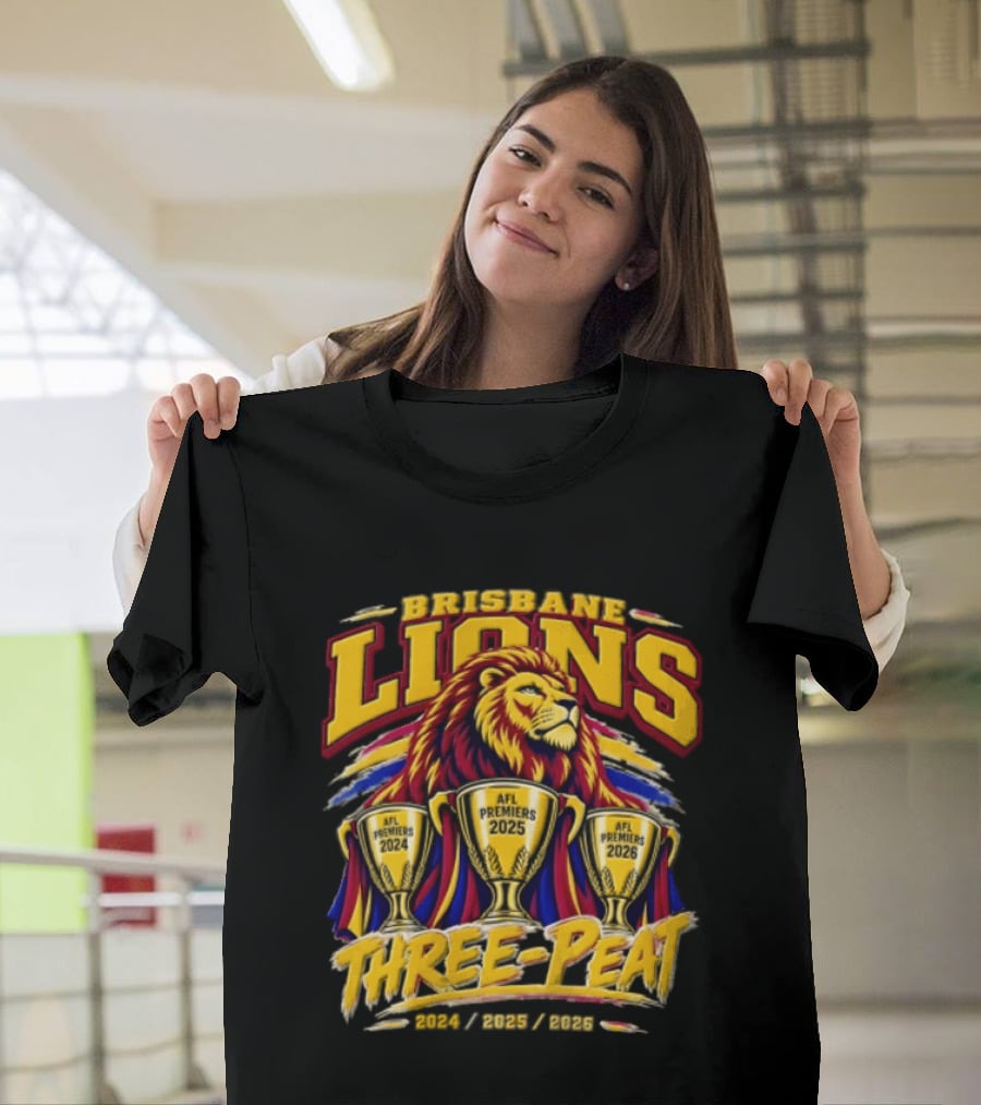 Brisbane Lions Three Peat 2024 2025 2026 Premiership Lion Trophy Celebration T-Shirt