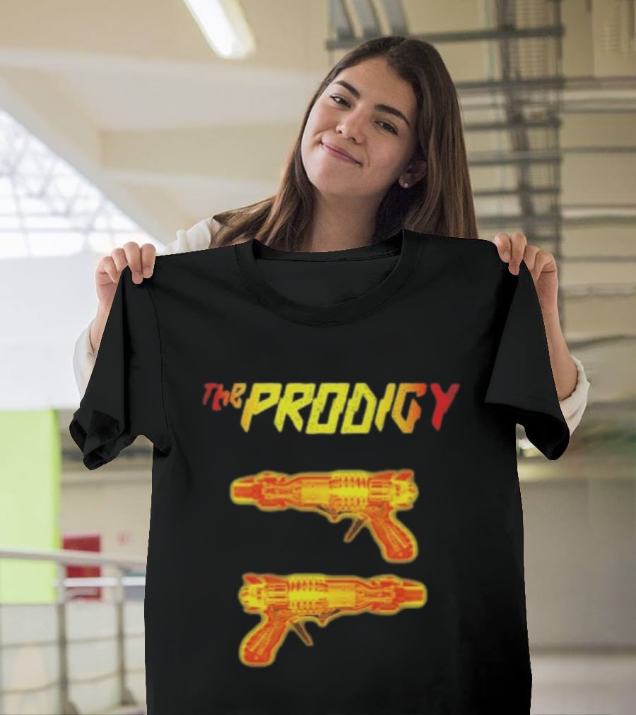 The Prodigy Rayguns Yellow And Red Bold Lettering With Dual Ray Guns T-Shirt