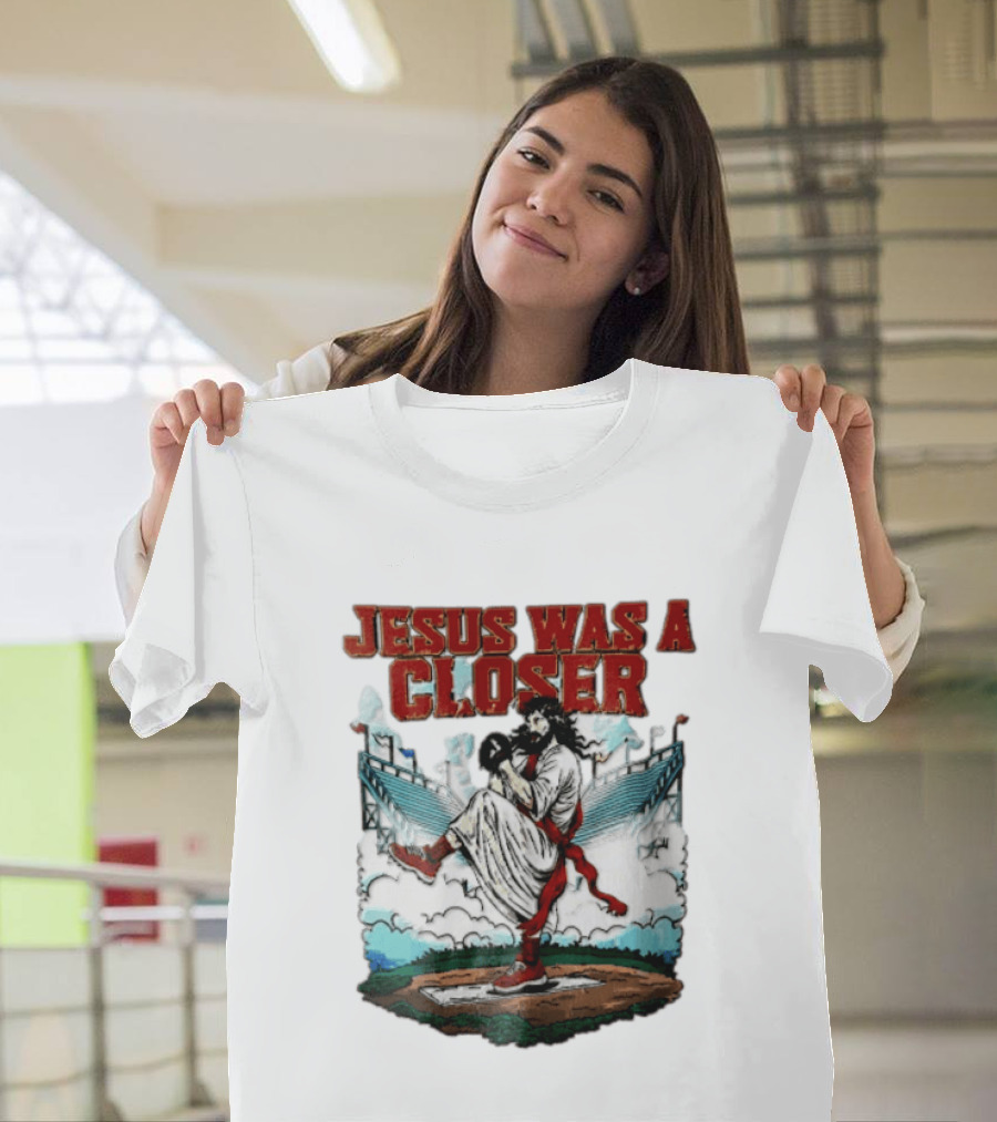 Jesus Was A Closer Baseball Pitcher Heavenly Stadium Scene T-Shirt