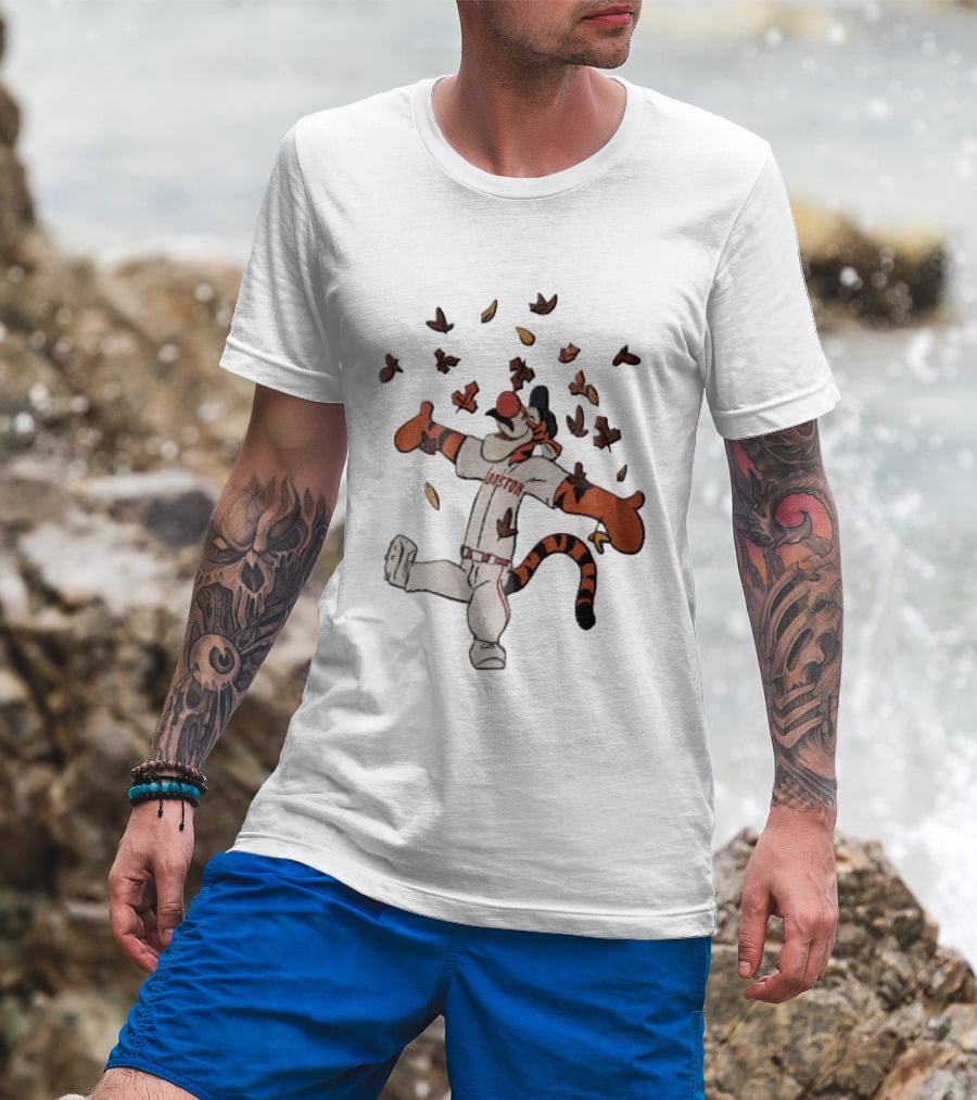 Tigger In Boston Baseball Uniform Enjoying Falling Leaves T-Shirt
