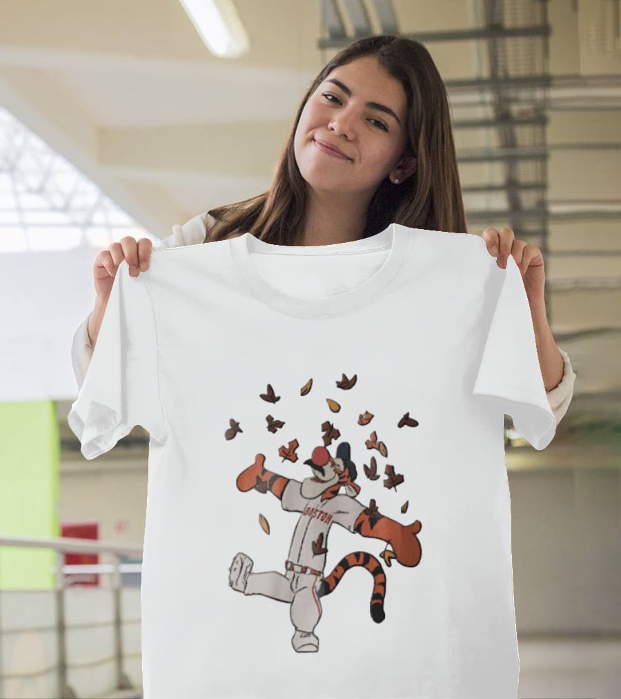 Tigger In Boston Baseball Uniform Enjoying Falling Leaves T-Shirt