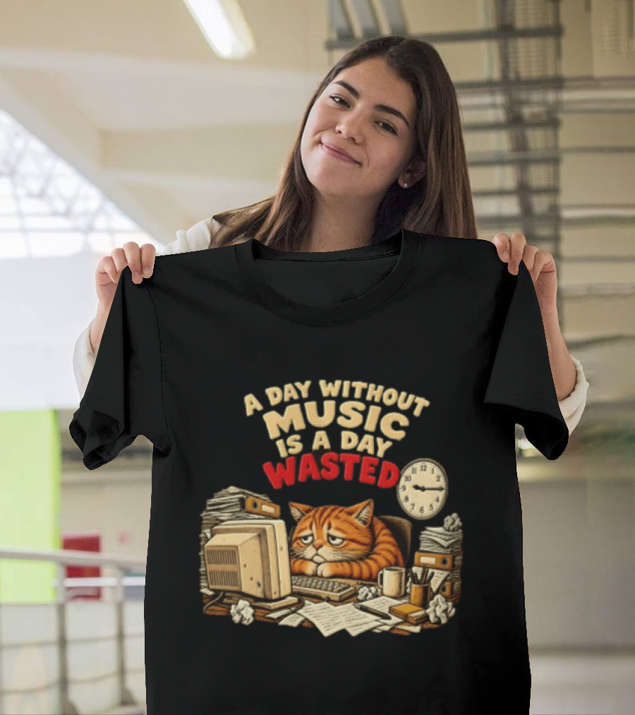 A Day Without Music Is A Day Wasted Sad Orange Cat Office Desk Motivation T-Shirt