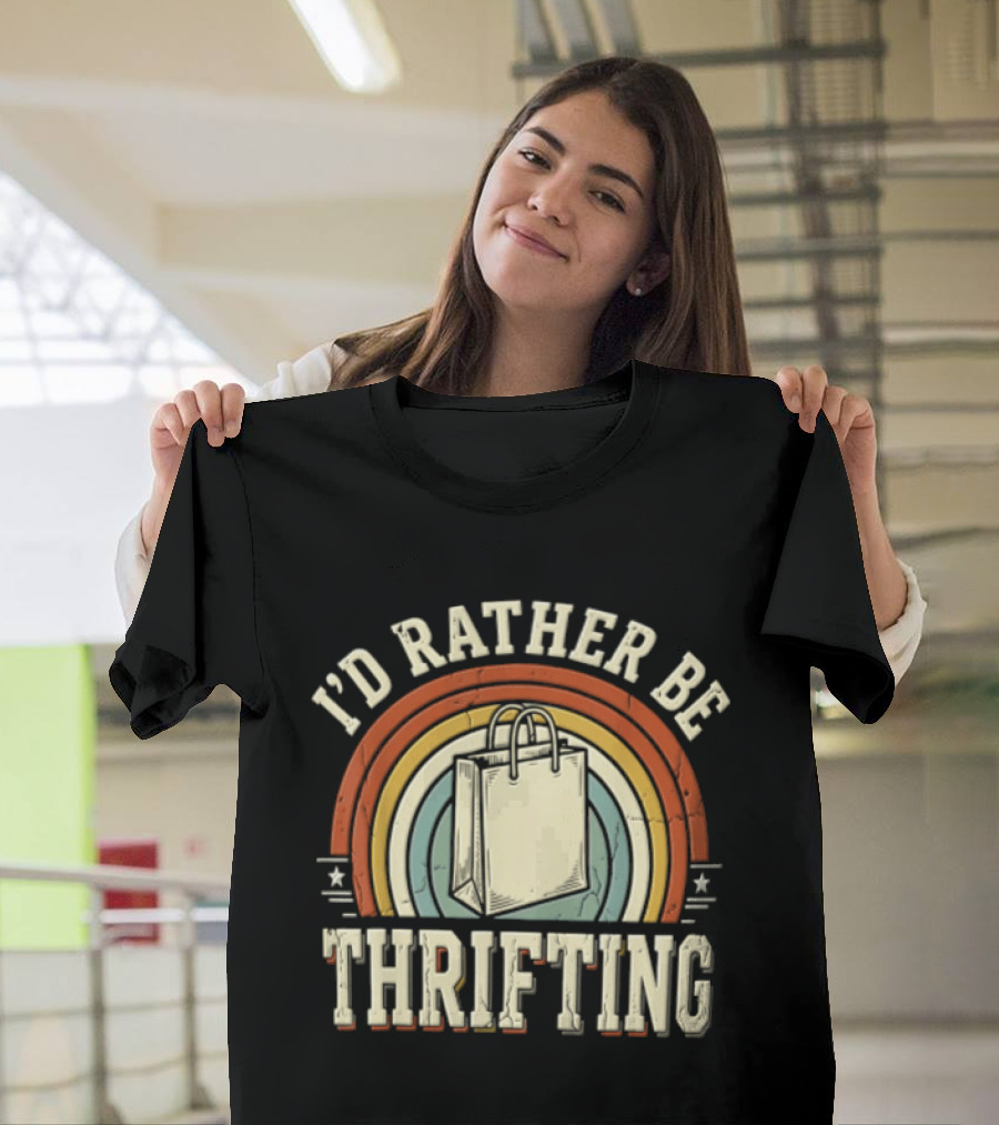 I'd Rather Be Thrifting Shopping Bag Retro Rainbow Stars T-Shirt