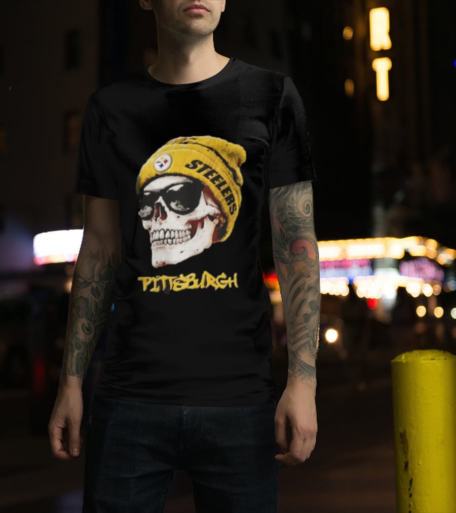 Pittsburgh Steelers Skull Yellow Beanie Sunglasses T-Shirt