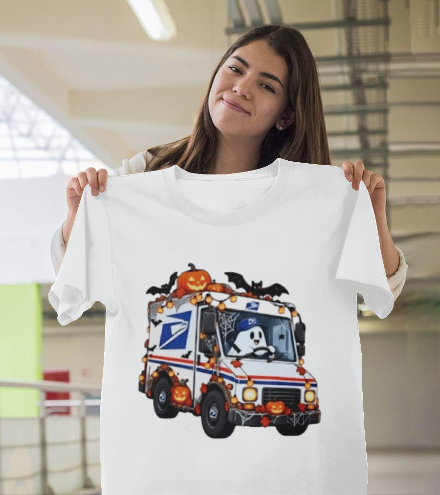 Halloween Ghost Driving USPS Mail Truck With Pumpkins And Bats T-Shirt