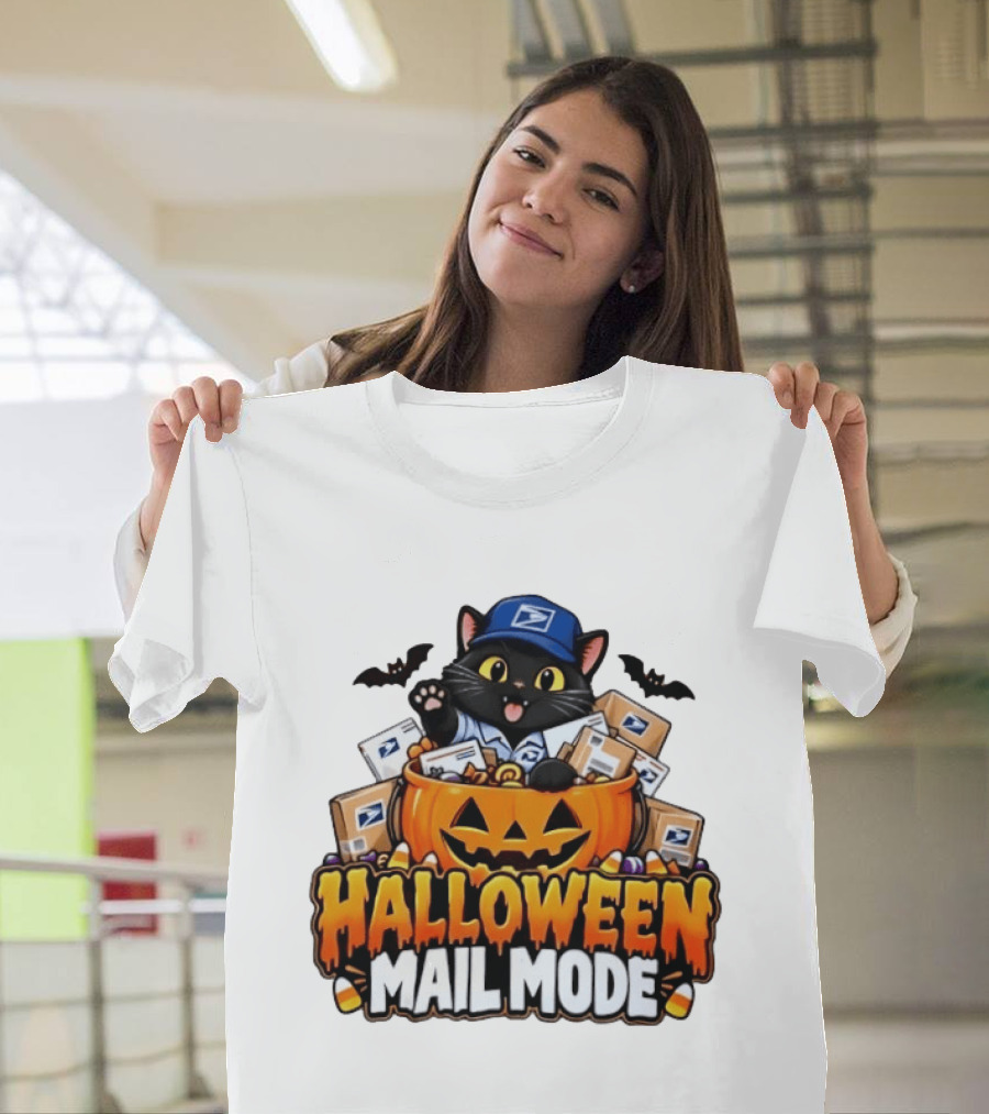 Halloween Mail Mode USPS Black Cat Pumpkin Postal Carrier T-Shirt