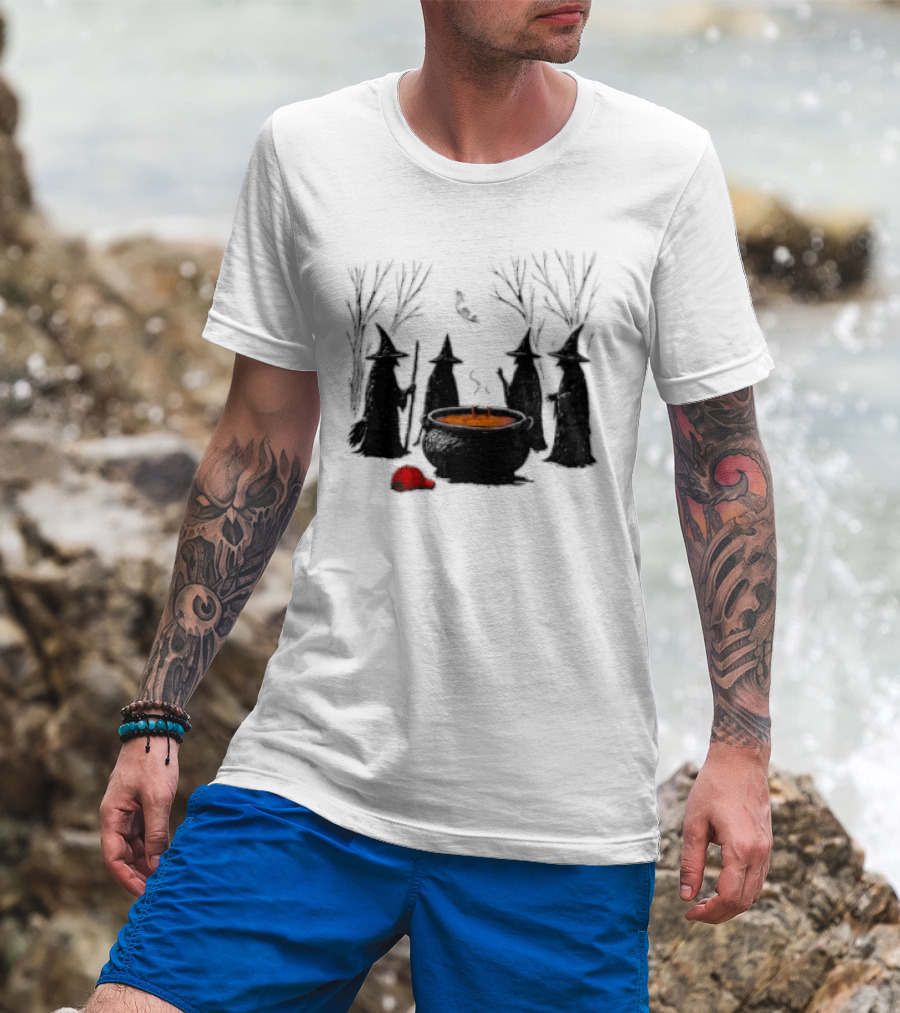 Witches Gathering Around Cauldron And Red Hat Halloween Scene T-Shirt