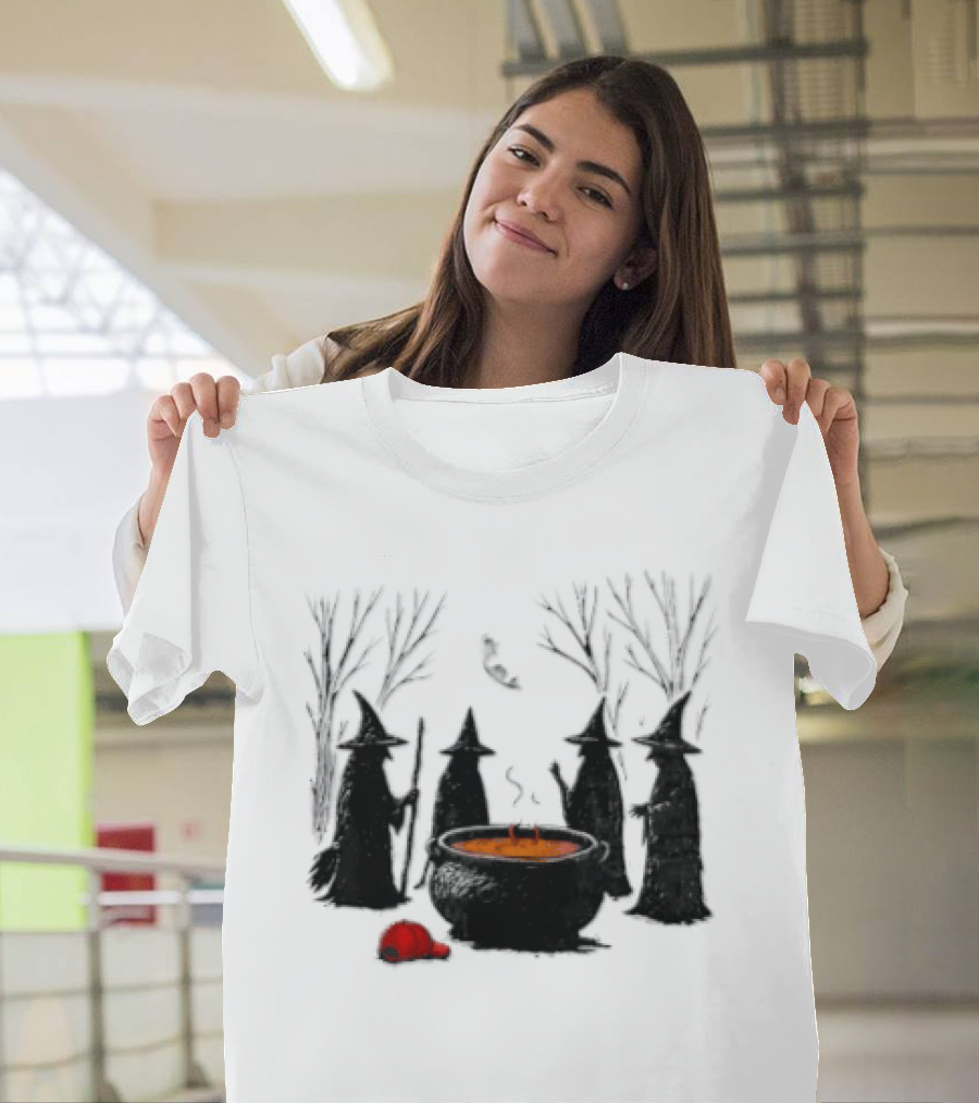 Witches Gathering Around Cauldron And Red Hat Halloween Scene T-Shirt
