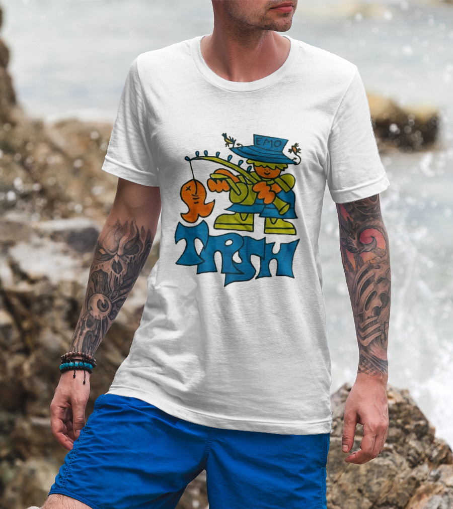 Emo Trsh Cartoon Fisherman Catching Orange Fish Wearing Blue And Green Outfit T-Shirt