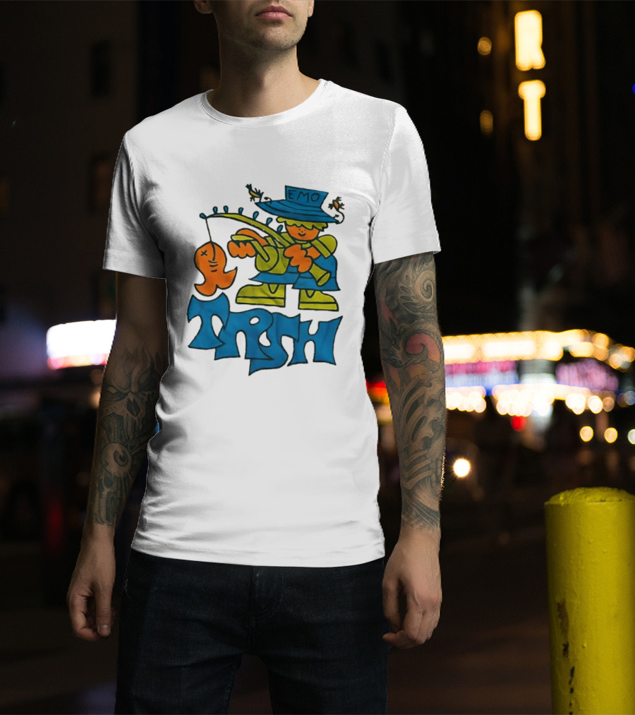 Emo Trsh Cartoon Fisherman Catching Orange Fish Wearing Blue And Green Outfit T-Shirt