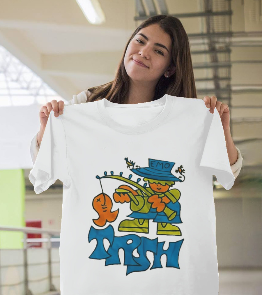 Emo Trsh Cartoon Fisherman Catching Orange Fish Wearing Blue And Green Outfit T-Shirt