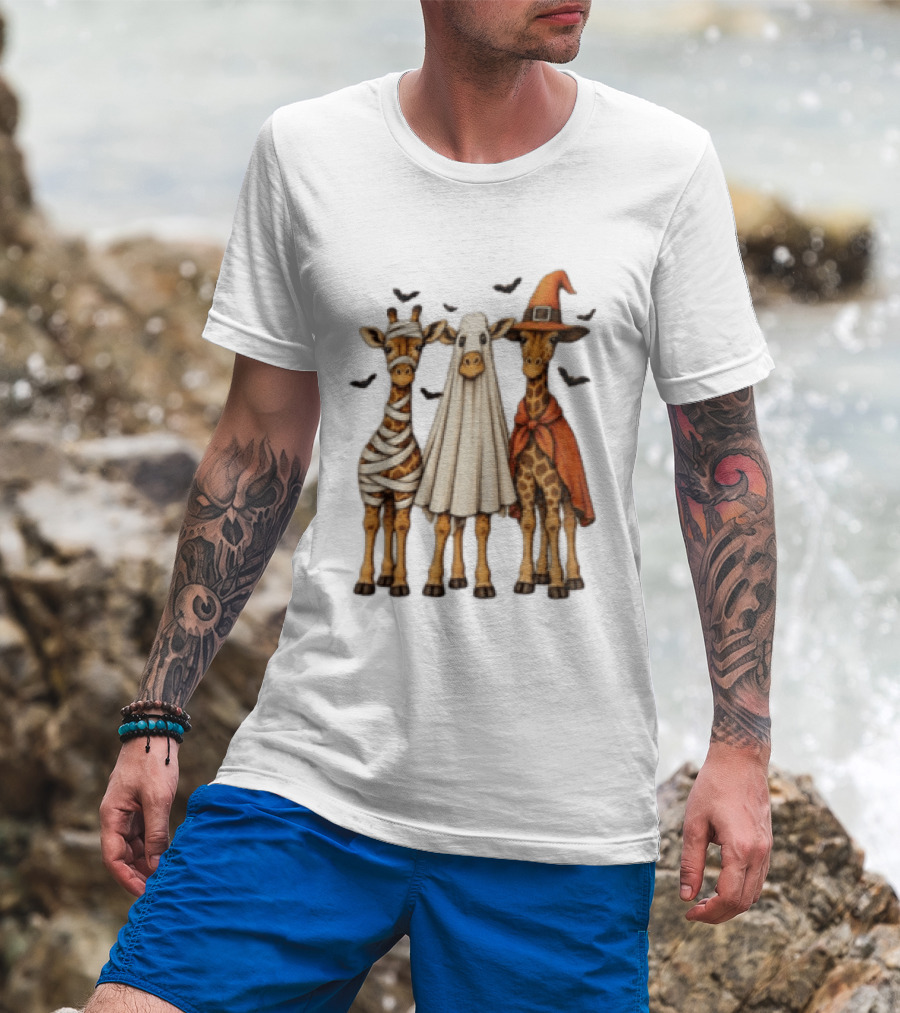 Giraffe Costume Halloween Mummy Ghost Witch Trio T-Shirt