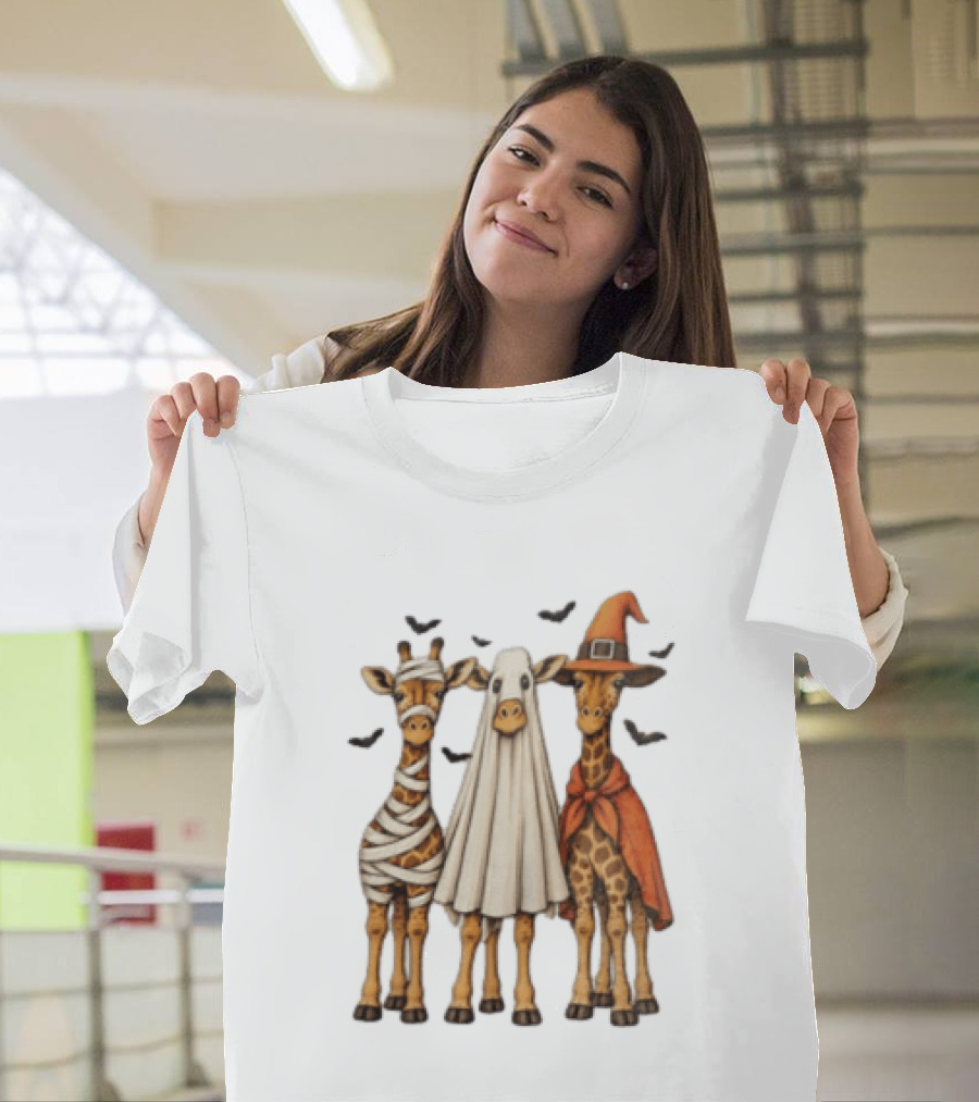 Giraffe Costume Halloween Mummy Ghost Witch Trio T-Shirt