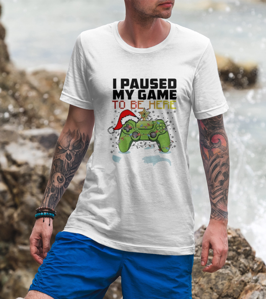 I Paused My Game To Be Here Christmas Gamer Controller Holiday Lights Santa Hat T-Shirt