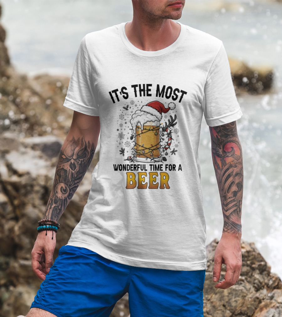 It's The Most Wonderful Time For A Beer Christmas Santa Hat Festive Cheers T-Shirt
