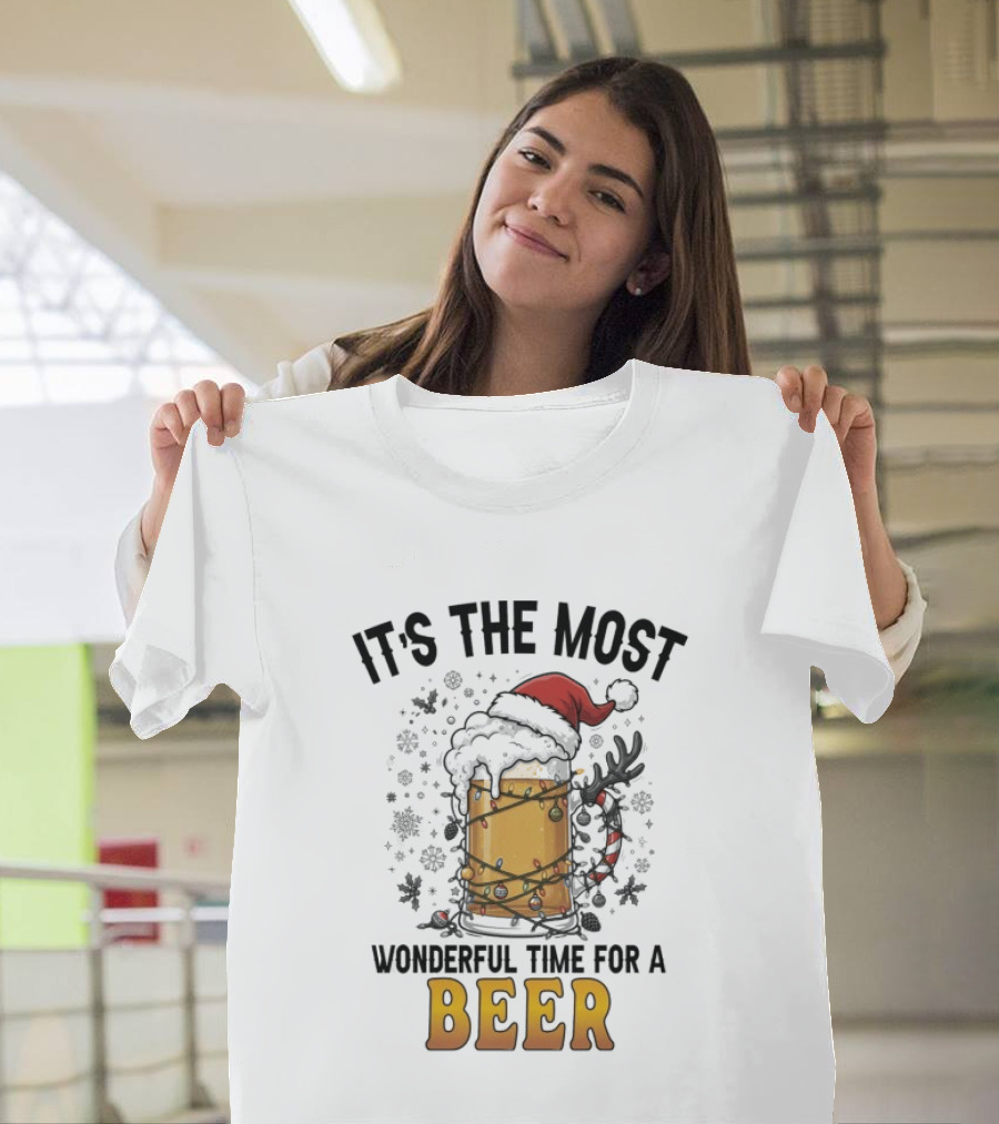 It's The Most Wonderful Time For A Beer Christmas Santa Hat Festive Cheers T-Shirt