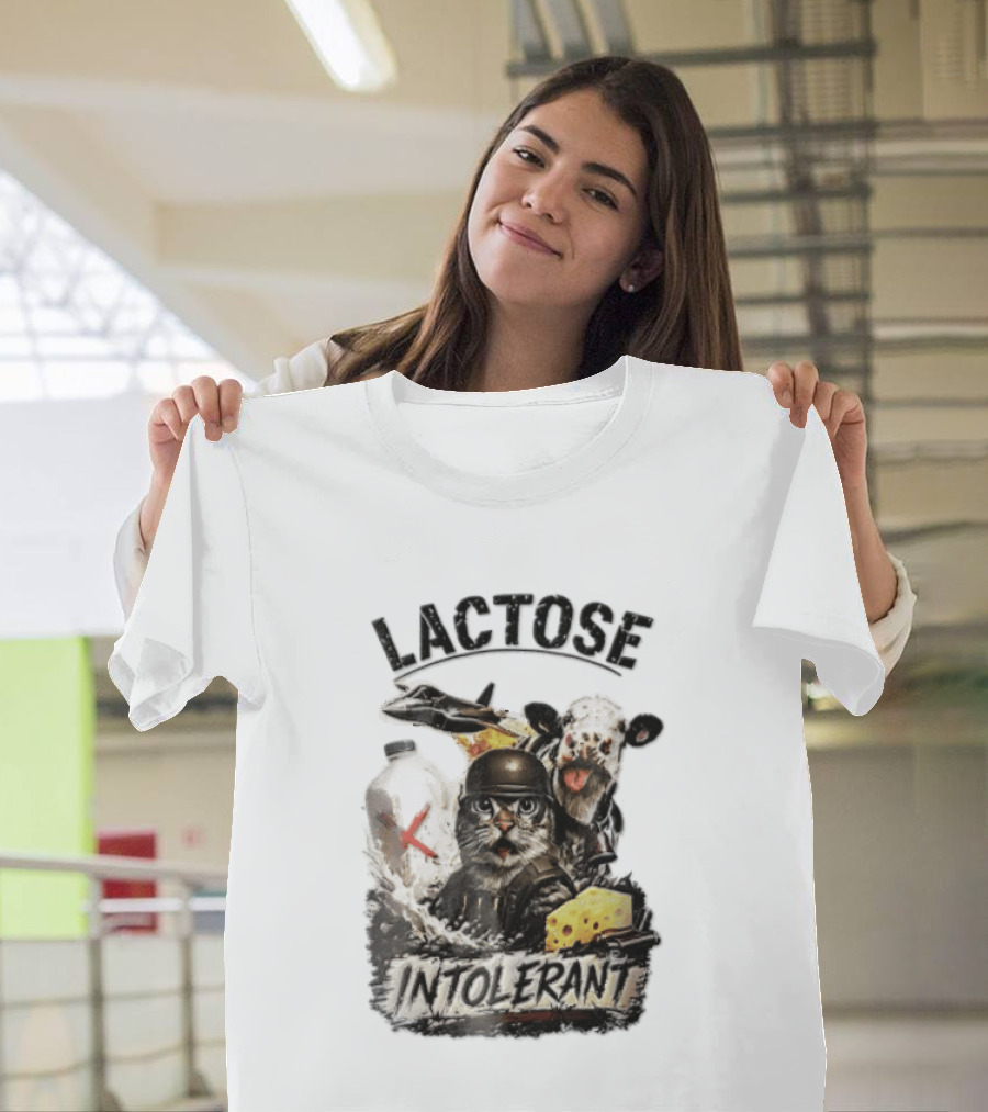 Lactose Intolerant Cat Soldier Cow Milk Cheese Jet T-Shirt