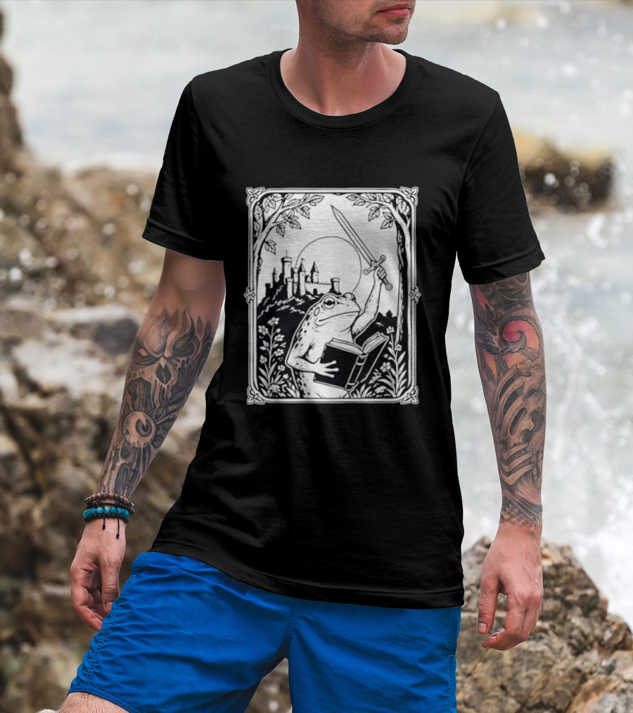 Warrior Frog Reading Book With Sword And Castle In Black And White Scene T-Shirt
