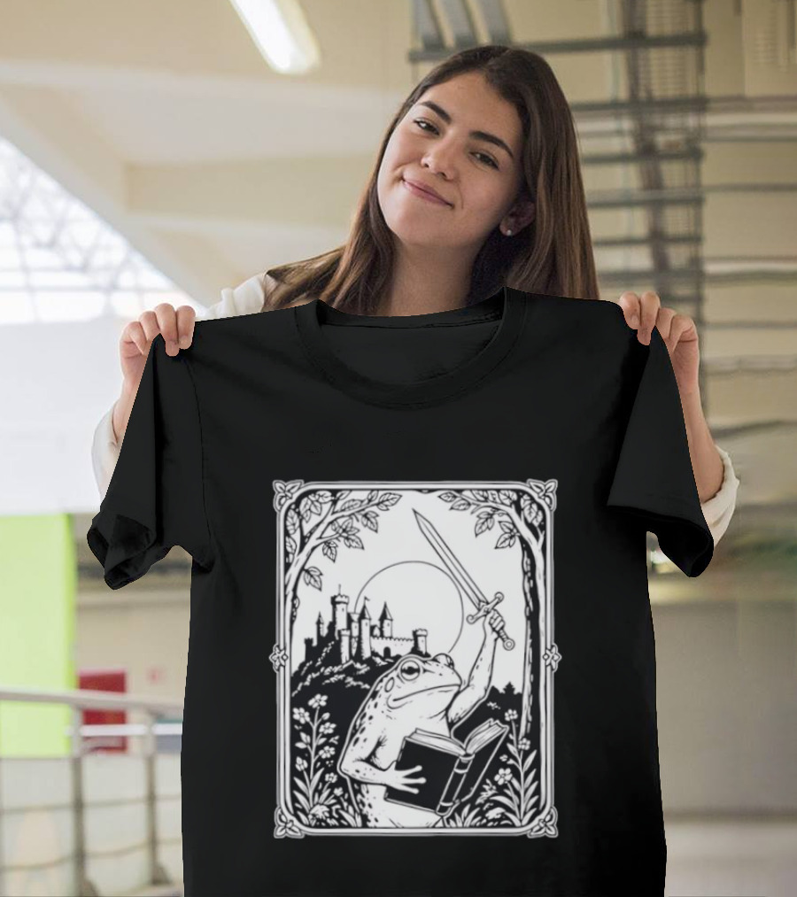 Warrior Frog Reading Book With Sword And Castle In Black And White Scene T-Shirt