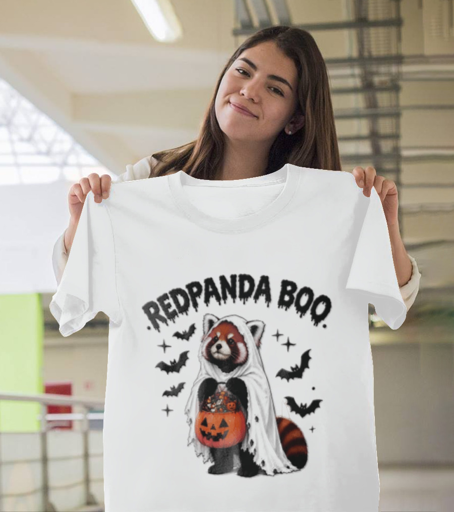 Redpanda Boo Cute Red Panda Costume With Pumpkin Candy Bucket And Bats T-Shirt