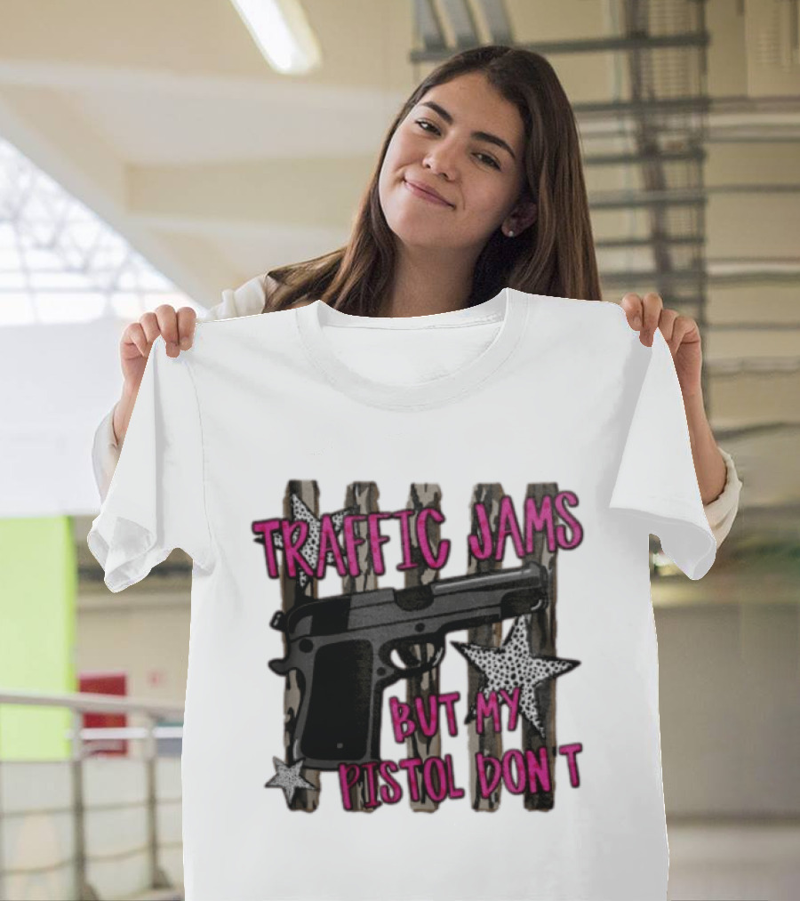 Traffic Jams But My Pistol Don't Handgun Over Stripes Leopard T-Shirt