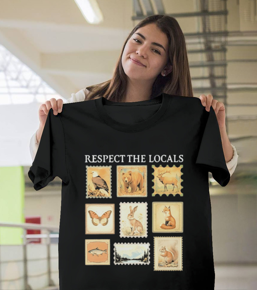 Respect The Locals Wildlife Stamp Collection With Bear Fox And Eagle T-Shirt
