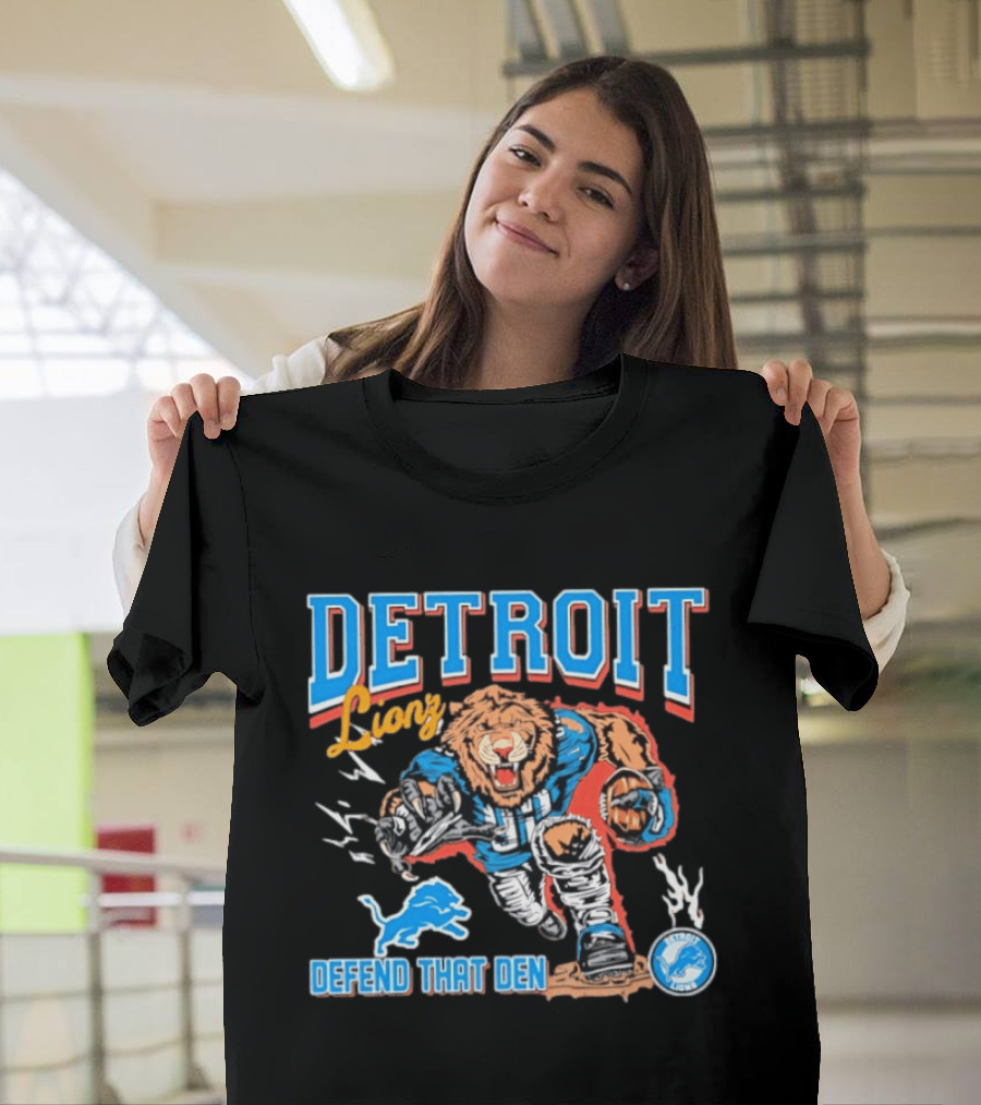 Detroit Lions Defend That Den Football Mascot Roaring Lion Action T-Shirt