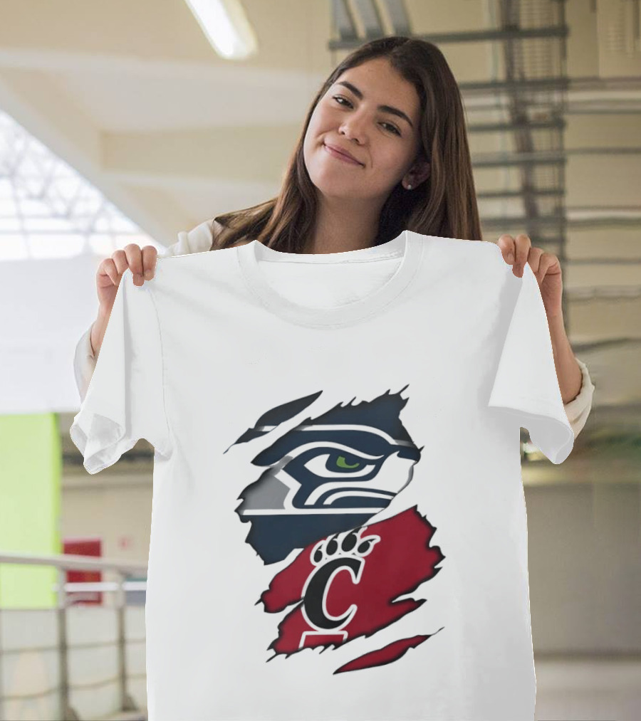 Seattle Seahawks Cincinnati Bearcats Ripped Fabric Fan T-Shirt