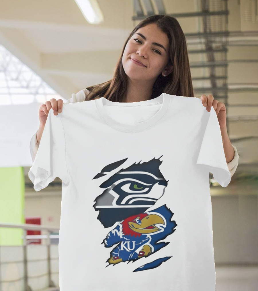 Seattle Seahawks And Kansas Jayhawks Torn Fabric Football And Basketball Fan Merchandise T-Shirt