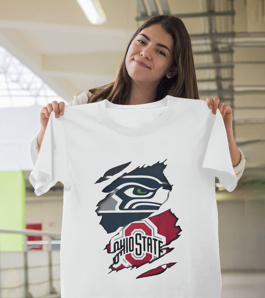 Seattle Seahawks Ohio State Buckeyes Distressed Logo Fusion T-Shirt