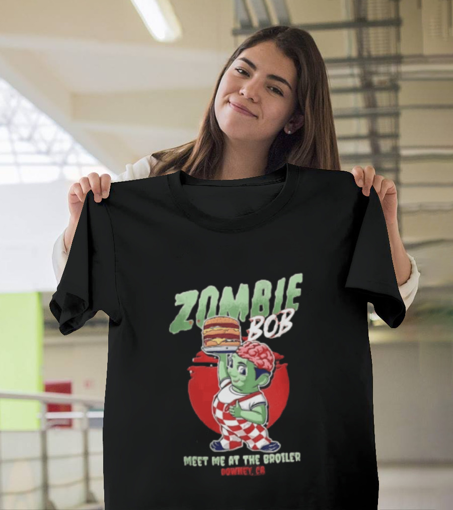 Zombie Bob Meet Me At The Broiler Downey CA Green With Exposed Brain T-Shirt
