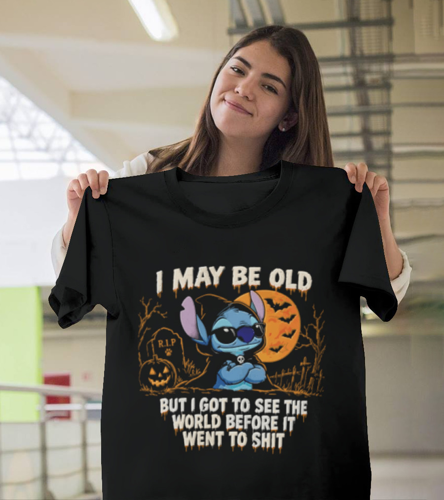 I May Be Old But I Got To See The World Before It Went To Shit Halloween RIP Pumpkin Bat Stitches T-Shirt