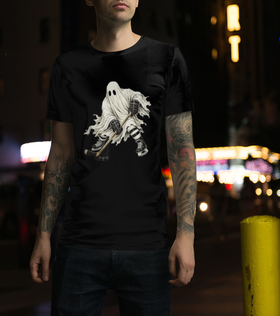 Halloween Ghost Playing Ice Hockey Costume Fun T-Shirt