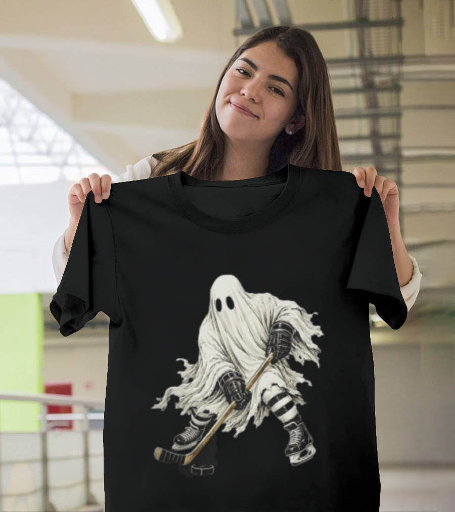 Halloween Ghost Playing Ice Hockey Costume Fun T-Shirt