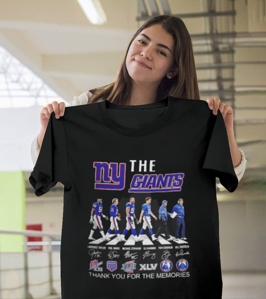 New York Giants Legends Lawrence Taylor Phil Simms Michael Strahan Eli Manning Tom Coughlin Bill Parcells Thank You For The Memories T-Shirt