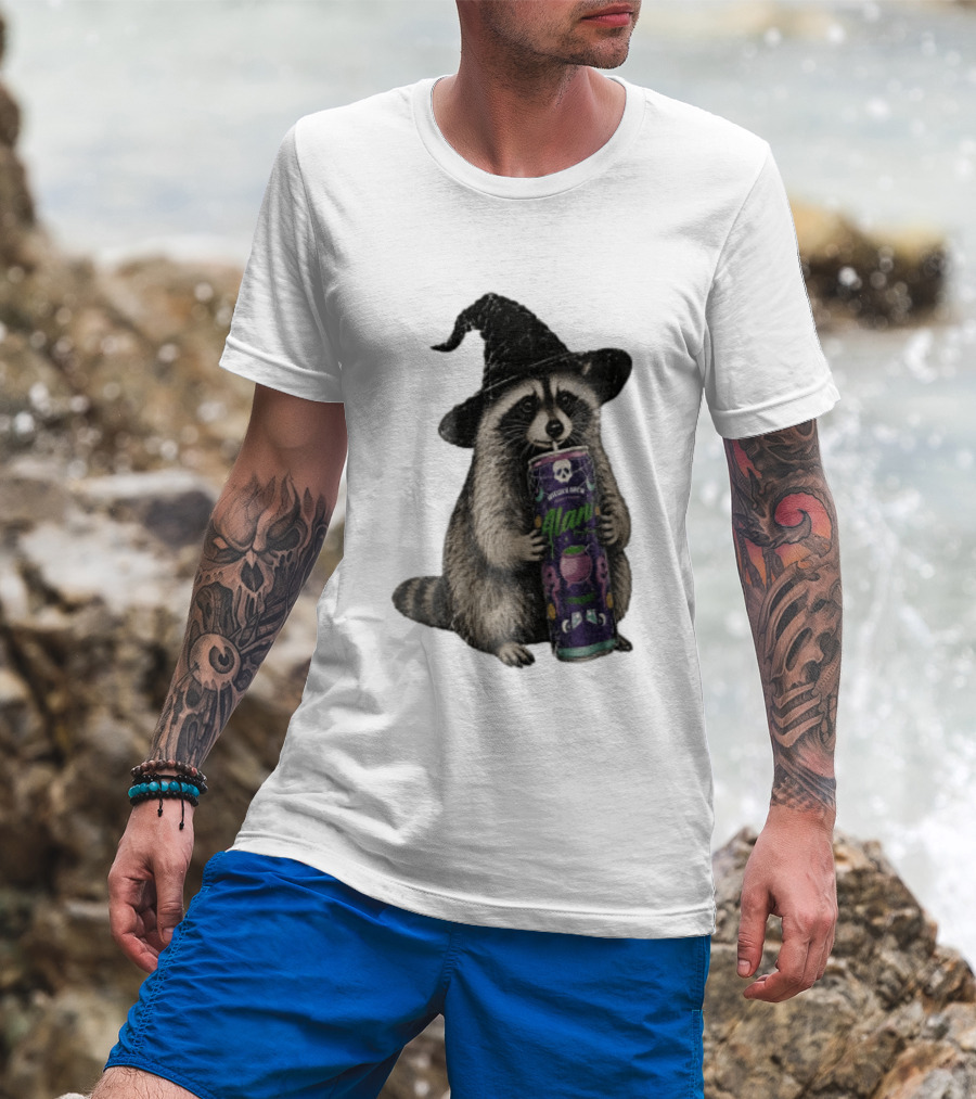 Alani Witches Brew Raccoon Witch Hat Can Holding T-Shirt